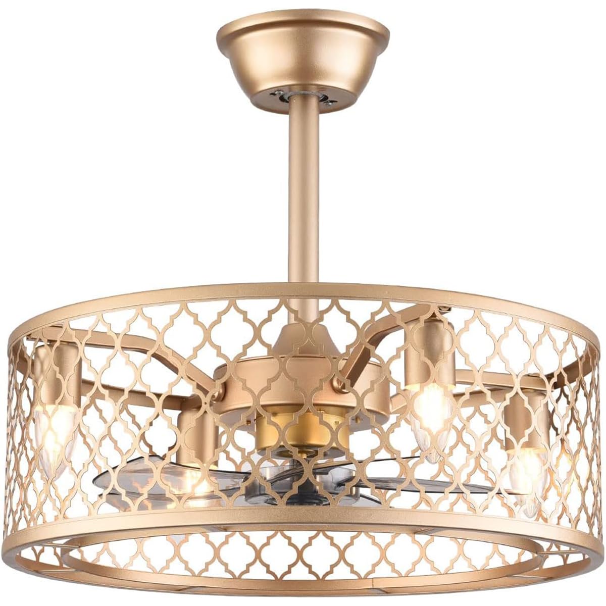 20inch Industrial Ceiling Fan with Lights Enclosed Ceiling Fan Indoor w/ Remote, Gold Caged Retro Ceiling Fan Metal Bladeless Chandelier Fan Lighting