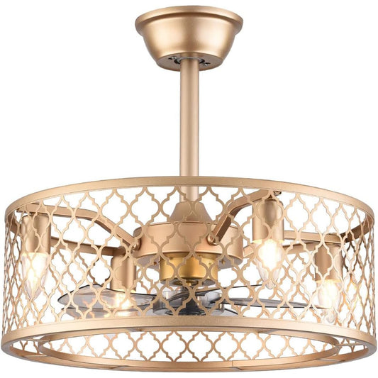 20inch Industrial Ceiling Fan with Lights Enclosed Ceiling Fan Indoor w/ Remote, Gold Caged Retro Ceiling Fan Metal Bladeless Chandelier Fan Lighting