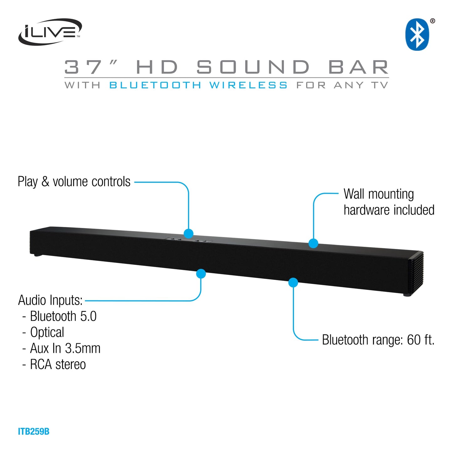 iLive Electronics Wall Mountable Sound Bar with Bluetooth, 37 Inches, Black (ITB259B)