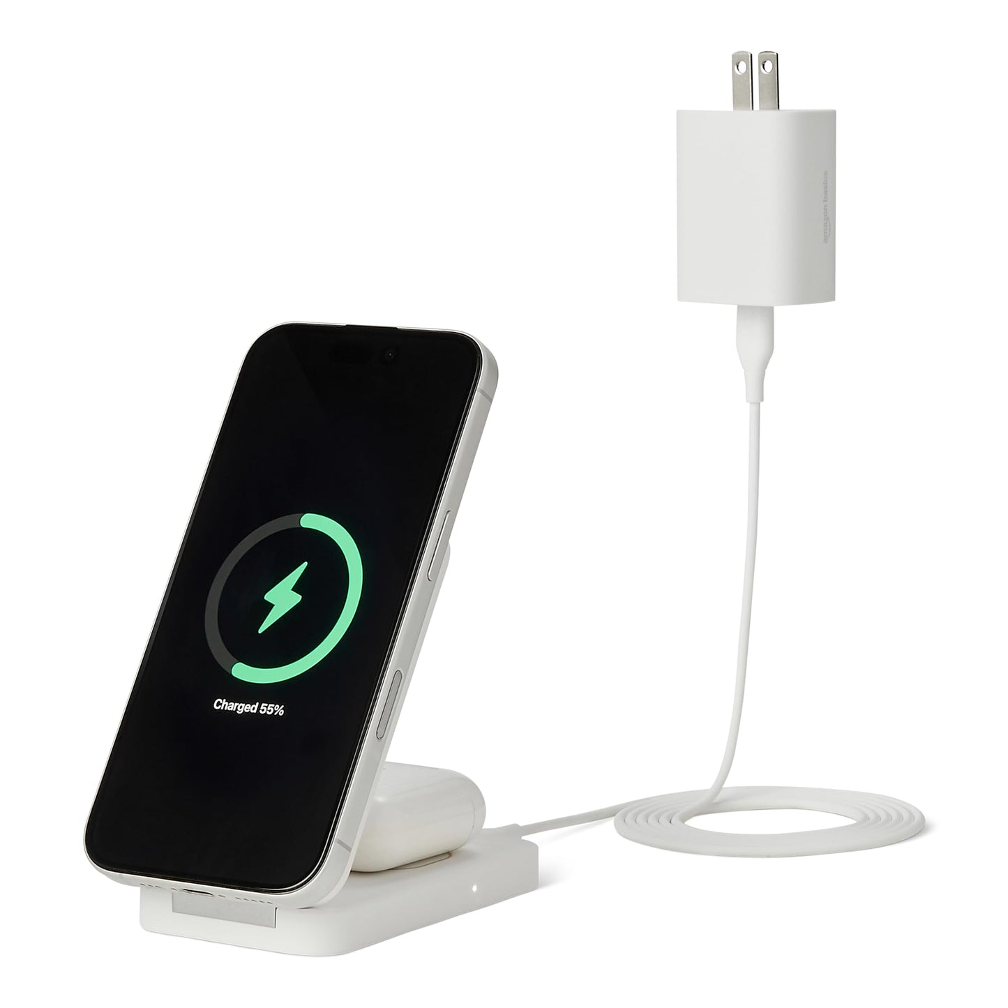 Amazon Basics MagSafe Compatible Wireless Charging Station, 25W Max. Fast Charging Qi2.2 Certified 2-in-1 Charger, Foldable Stand for iPhone
