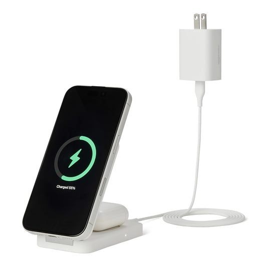 Amazon Basics MagSafe Compatible Wireless Charging Station, 25W Max. Fast Charging Qi2.2 Certified 2-in-1 Charger, Foldable Stand for iPhone