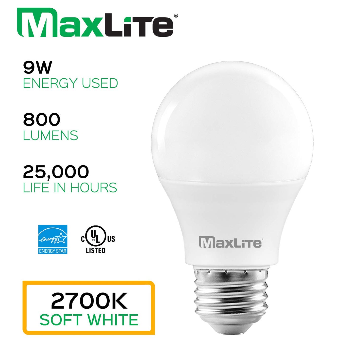 MaxLite A19 LED Bulb, Enclosed Fixture Rated, 60W Equivalent, 800 Lumens, Dimmable, E26 Medium Base, 2700K Soft White, 4-Pack