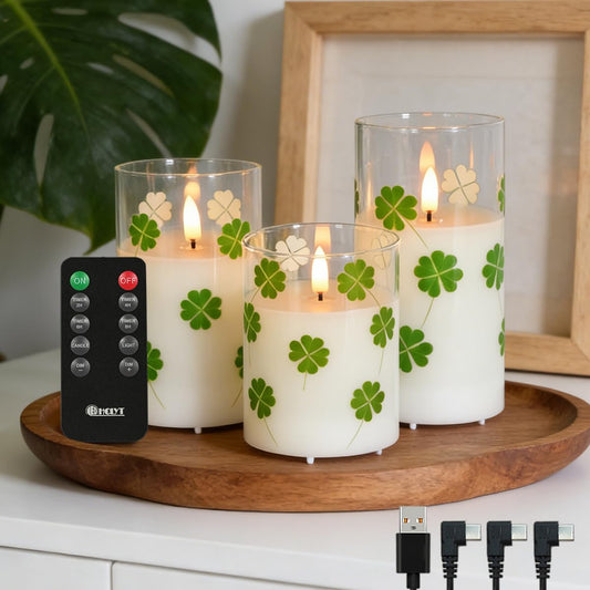 LEDHOLYT Rechargeable Flameless Four-Leaf Clover Glass Candles, Real Wax Candles Warm Color Flickering Light with Remote and Timer,Festival Home Decor