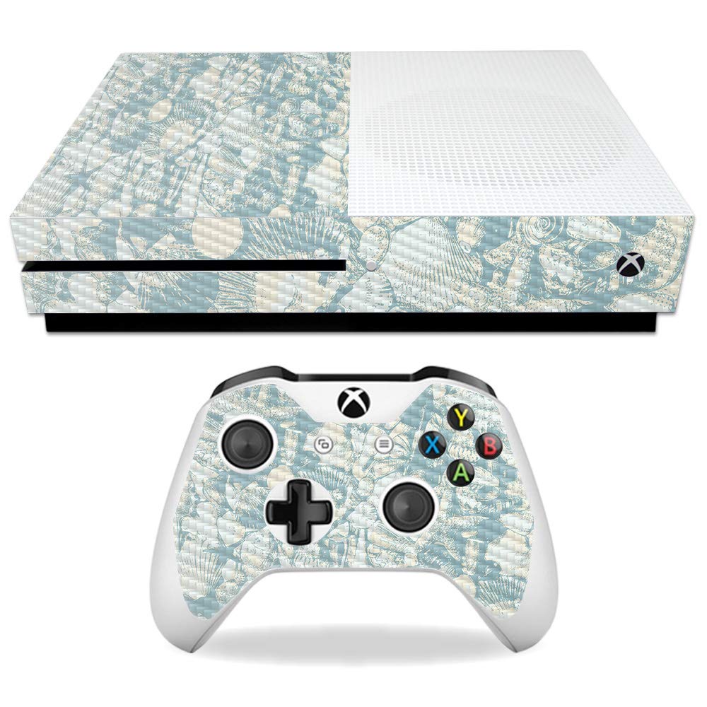 MIGHTY SKINS MightySkins Carbon Fiber Skin for Microsoft Xbox One S - Blue Seashells | Protective, Durable Textured Carbon Fiber Finish | Easy