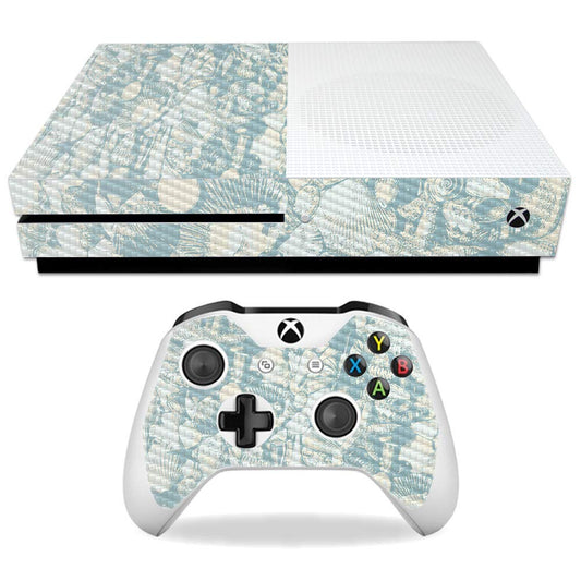 MIGHTY SKINS MightySkins Carbon Fiber Skin for Microsoft Xbox One S - Blue Seashells | Protective, Durable Textured Carbon Fiber Finish | Easy