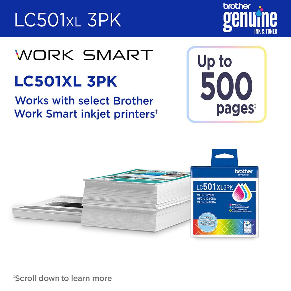 Brother Genuine LC501XL3PK 2-Pack High Yield Color Ink Cartridges (CMY x2), for MFC-J1260DW, MFC-J1360DW, MFC-J1410DW, Bundle with Deco Essentials