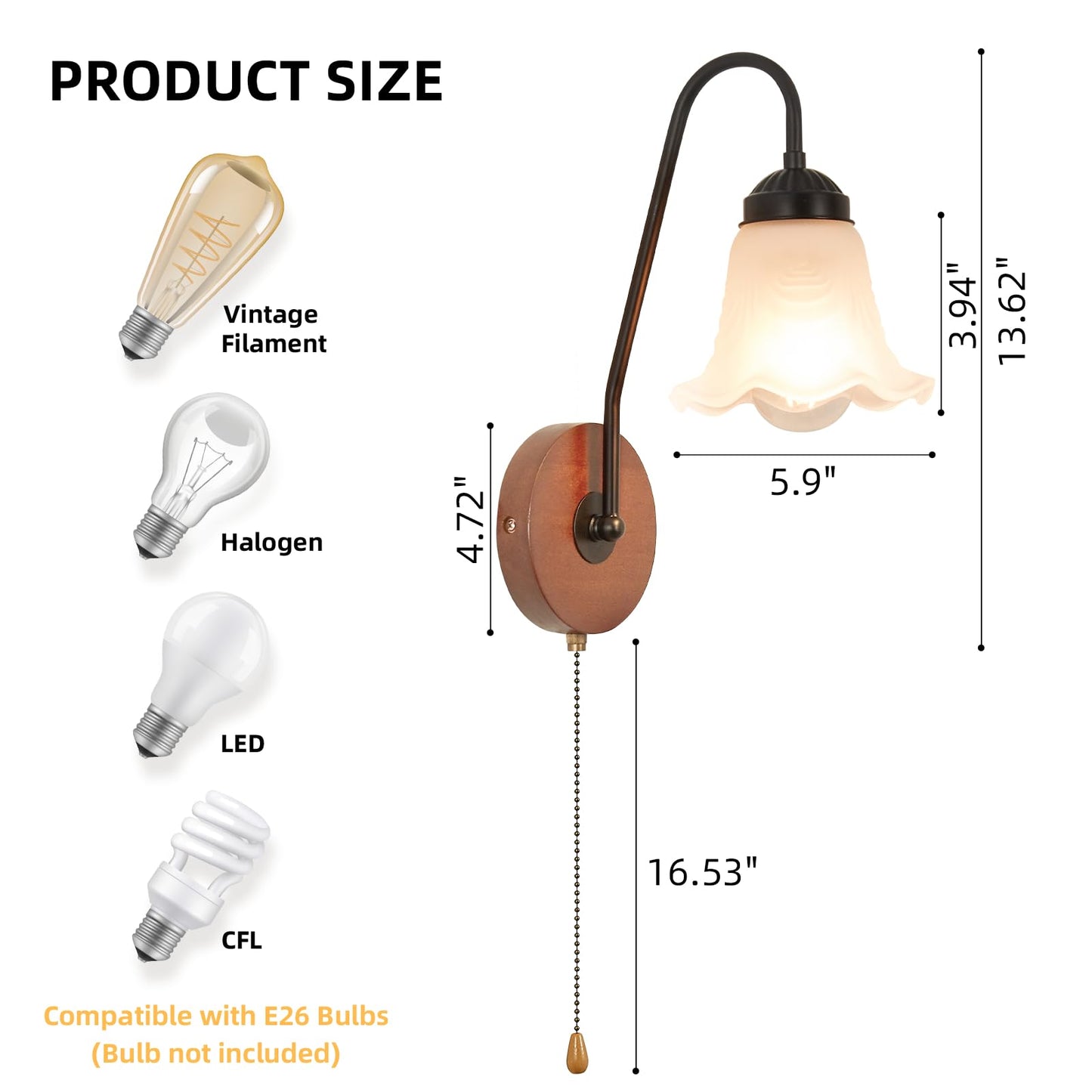 SHENGQINGTOP Vintage Pull Chain Wall Sconce Light with Switch Black Wall Lights Fixture Retro E26 Industrial Farmhouse Wall Lamp Hard Wired Sconces