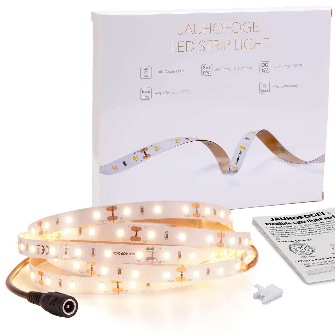 JAUHOFOGEI Warm White LED Strip Lights 12V Cuttable, Flexible Sticky Tape Light for Home Accent Lighting, Kitchen Cabinet Shelves Lighting, Bedroom