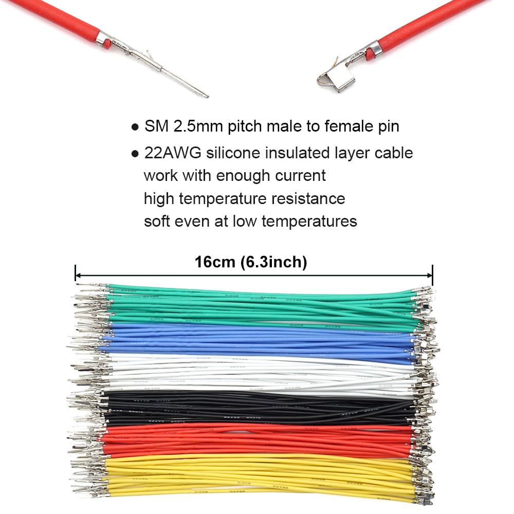 SM 2.5mm Connectors Male Female Plugs Sockets with 22AWG Pre-Crimped Silicone Cables Wire Compatible with JST SM Connectors 2.5mm 2.54mm Pitch 2 3 4 5