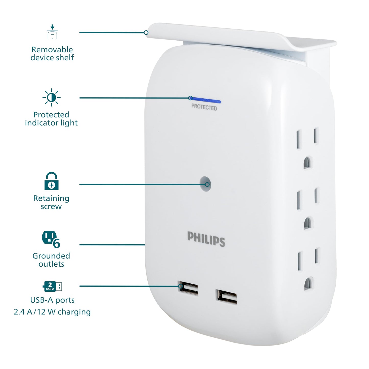 Philips 6-Outlet Tap with Device Shelf, 450J, Space Saving Design with Indicator Light, for Smartphone Charging Station, Multi-Use, 2 USB Ports