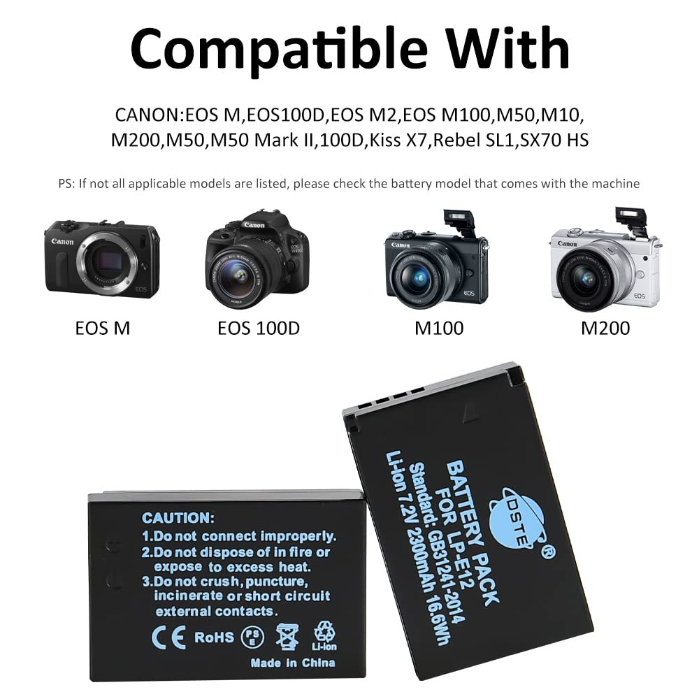 DSTE 2-Pack LPE12 LP-E12 Battery and Dual LCD Battery Charger Compatible with Canon EOS M, EOS M2, EOS M10, EOS M50, EOS M50 Mark II, EOS M100, EOS
