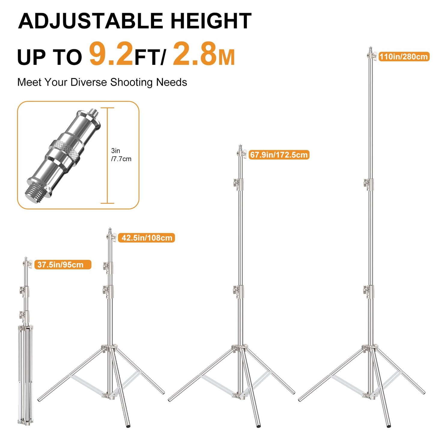Anautin 9.2 FT Stainless Steel Light Stand Photography, 2 Pack Heavy Duty Photography Tripod Stand with 1/4” to 3/8” Screw Adapter for Strobe,LED