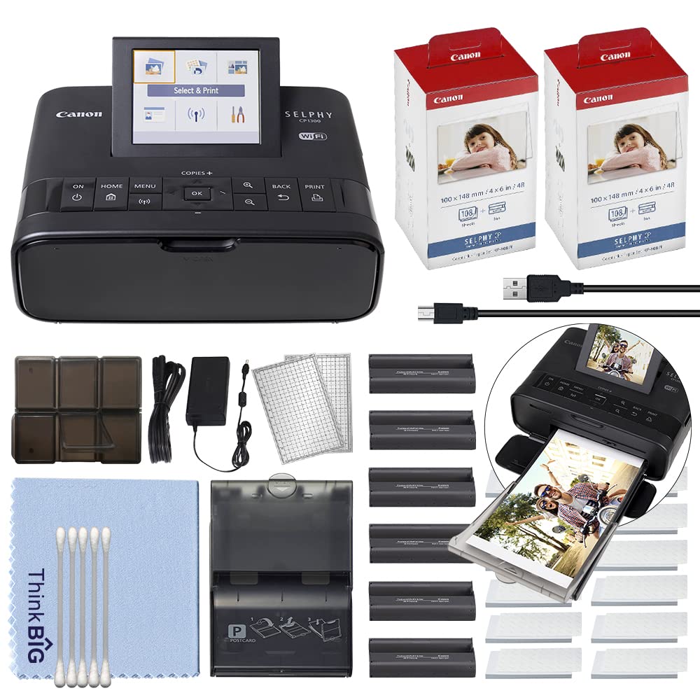 Canon SELPHY CP1300 Compact Photo Printer Black + 2X KP-108IN Color Ink & Paper Set 216 Sheets Value Bundle with USB Cable + More Accessories Kit