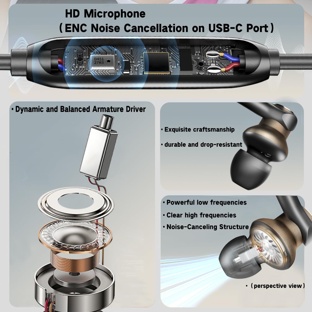 jechan Wired Earbud in Ear Headphones with Mic Noise-canceling,Deep bass Hi-Fi Noise Cancellation Earbuds Wired Immersive Bass Dual-Unit Earphones…