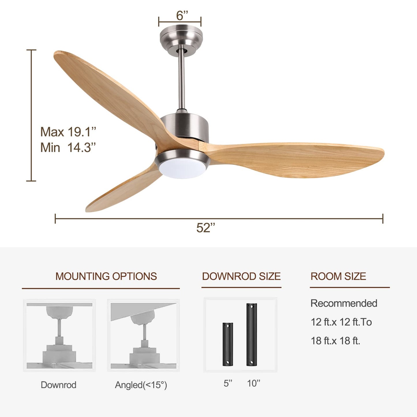 Ovlaim 52 Inch Wood Ceiling Fan with Light, Quiet DC Motor, Smart 6-Speed