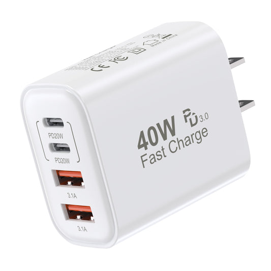 USB C Charger Block, 40W 4 Ports USB-C Wall Charger Plug Fast Charging, QC Multiport Adapter, USB A Type C Box Brick Cube Compatible with iPhone 17 16