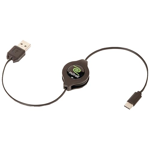 ReTrak Retractable Charge and Sync USB Type-C to Standard USB for All New Type-C Devices, Black, ETESUCAM, 6.90" x 2.40" x 0.90"