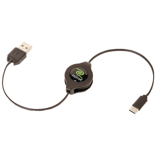 ReTrak Retractable Charge and Sync USB Type-C to Standard USB for All New Type-C Devices, Black, ETESUCAM, 6.90" x 2.40" x 0.90"