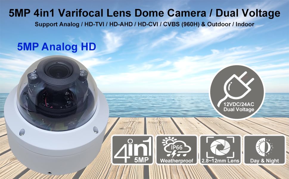 101AV 5MP 4in1 HD Dome Camera 2.8-12mm Varifocal Lens Dual Voltage DC12V AC24V, 5MP TVI/AHD, 4MP CVI, CVBS (960H), Indoor Outdoor 4 pcs Smart IR 100ft