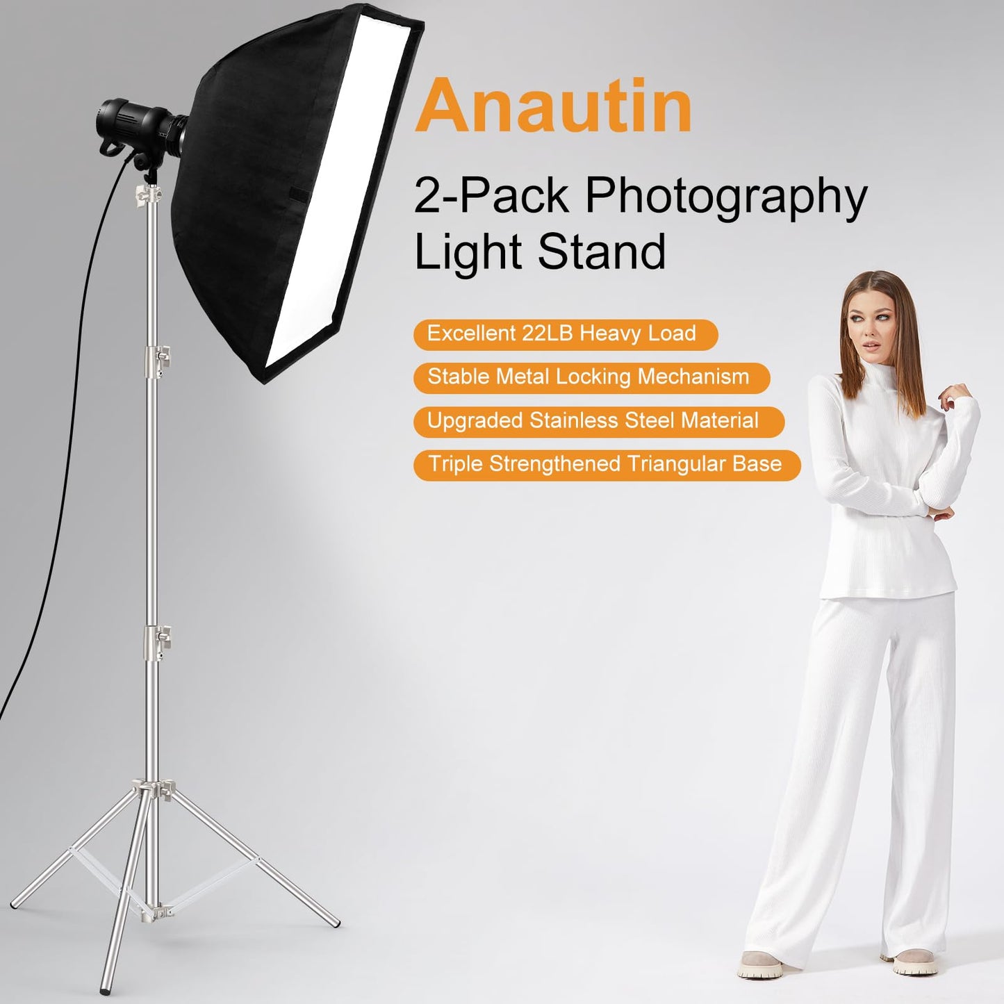Anautin 9.2 FT Stainless Steel Light Stand Photography, 2 Pack Heavy Duty Photography Tripod Stand with 1/4” to 3/8” Screw Adapter for Strobe,LED