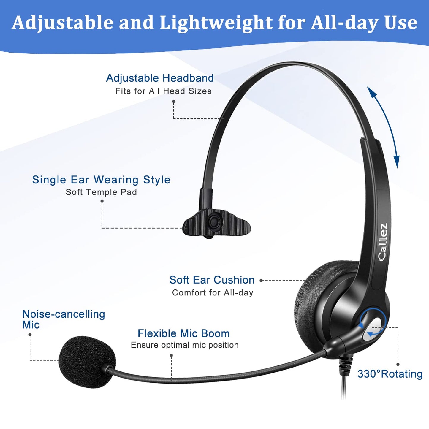 Callez Wired Telephone Headset Mono, Call Center RJ9 Phone Headset with Noise Canceling Mic Compatible with ShoreTel 480 Plantronics T10 Polycom