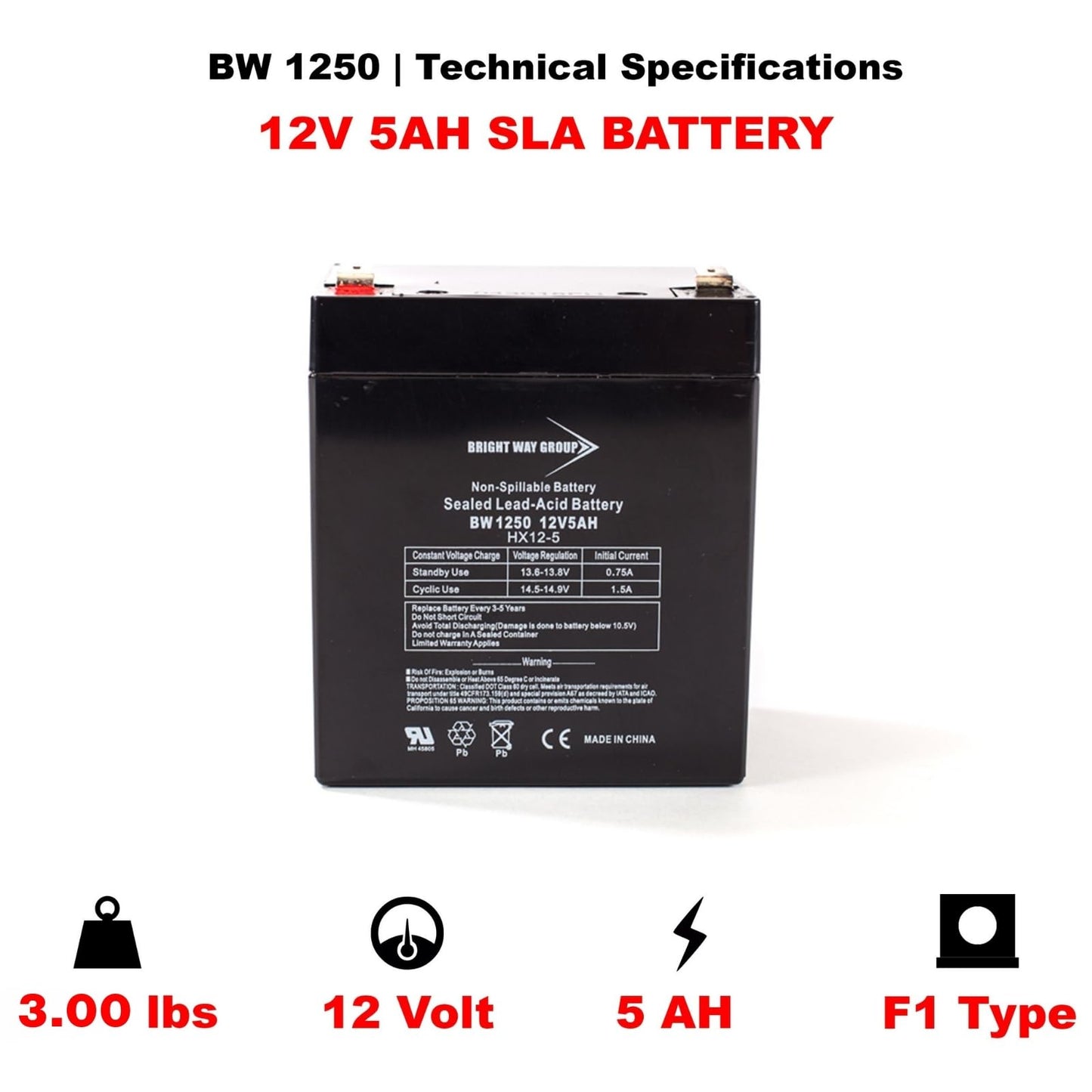 Bright Way Group BW1250-F1, BW 1250 (0124), BWG 1250 T1 Battery, 12V 5Ah