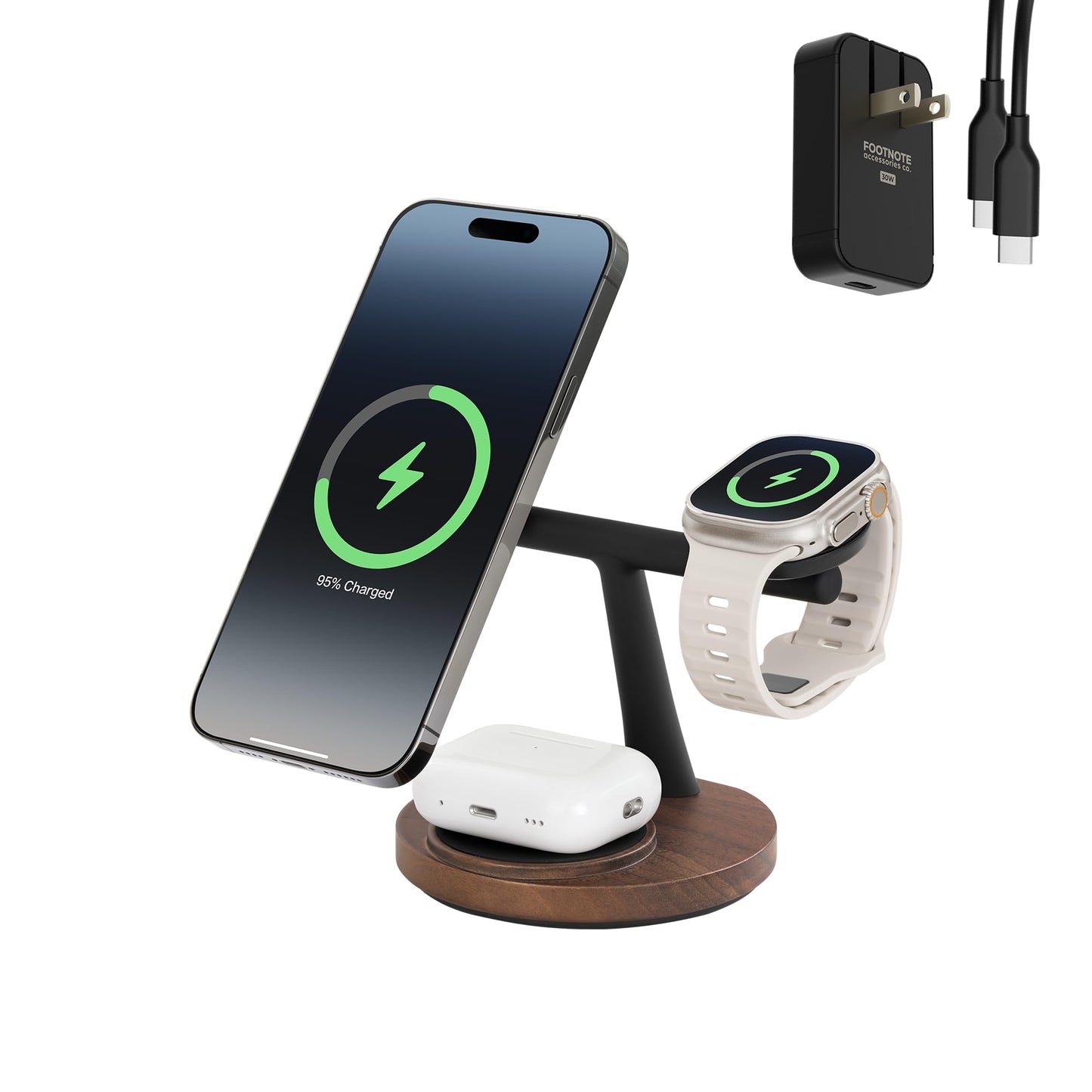 ZenStand Magnetic Wireless Charger, Compatible with iPhone & Apple Watch, Compatible with MagSafe, Walnut Wood Design, 15W Max, Soft-Touch, Wireless