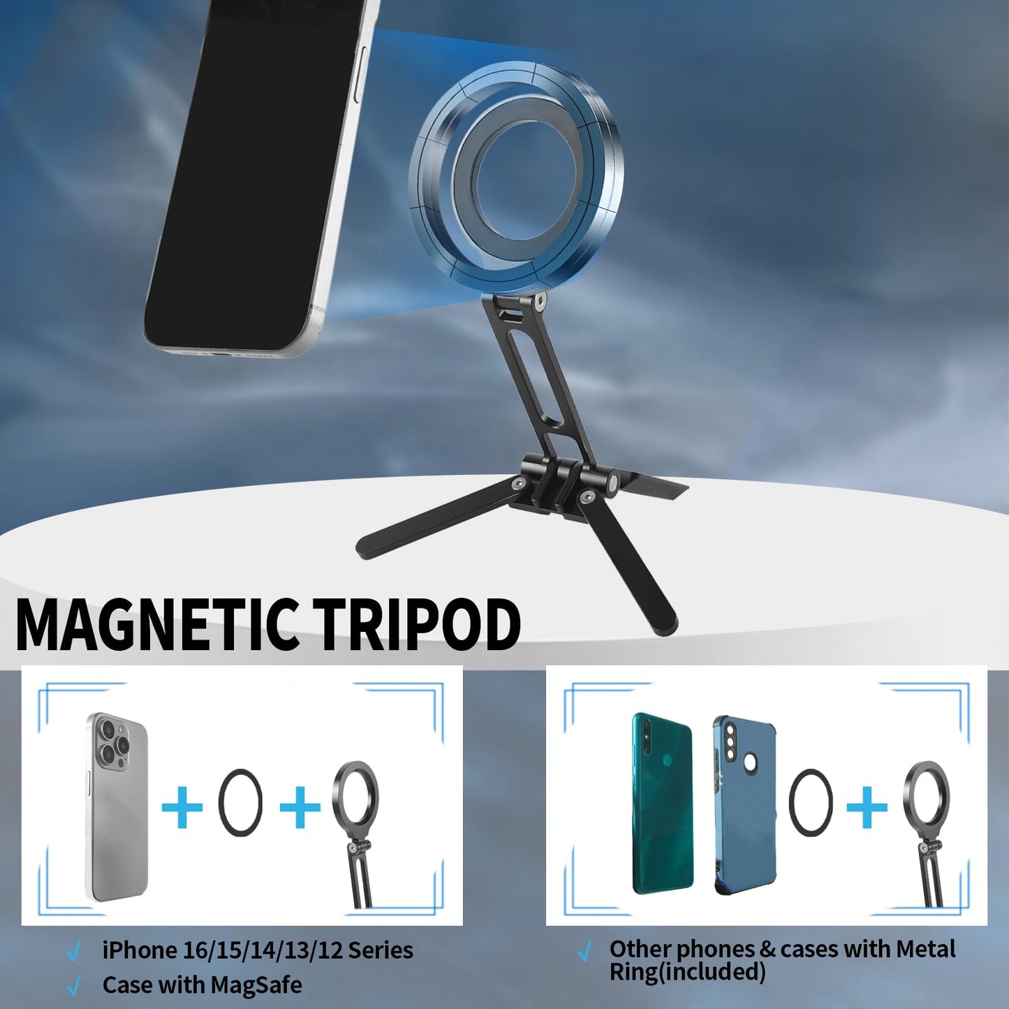 FIFIELD Magnetic Phone Tripod Stand 1/4" Screw Aluminum Mini Foldable Tripod for Cell Phone, Travel Essential Adjustable iPhone Stand