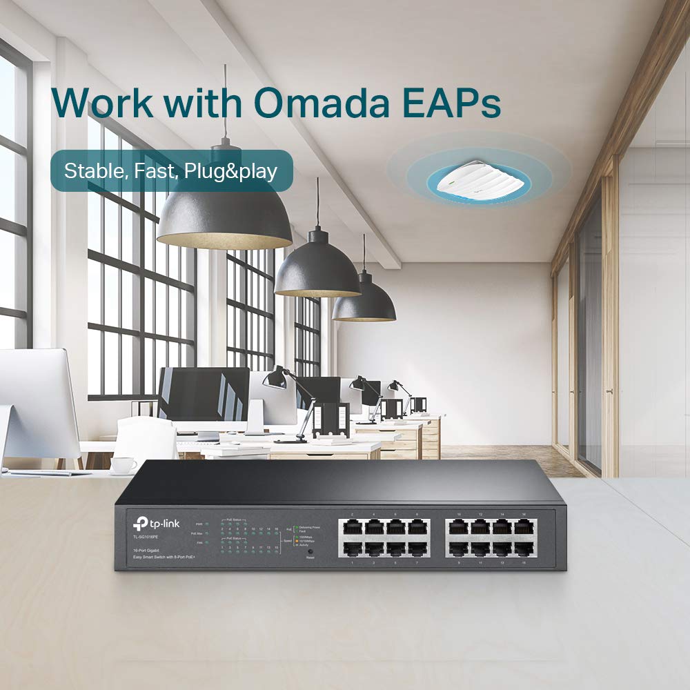 TP-Link TL-SG1016PE | 16 Port Gigabit PoE Switch | Easy Smart Managed | 8 PoE+ Ports @150W | Plug & Play | Sturdy Metal w/ Shielded Ports | QoS, Vlan
