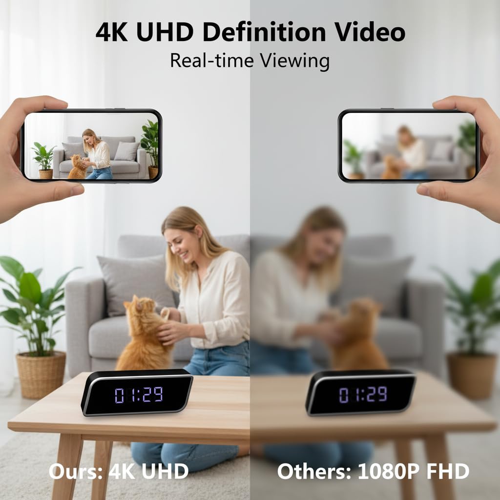 Unohoe Smart Clock Camera Multi-Functional 4K UHD Cameras with Night Vision, Support Local Storage, App Remote View, 2600mAh Battery, WiFi&AP Model