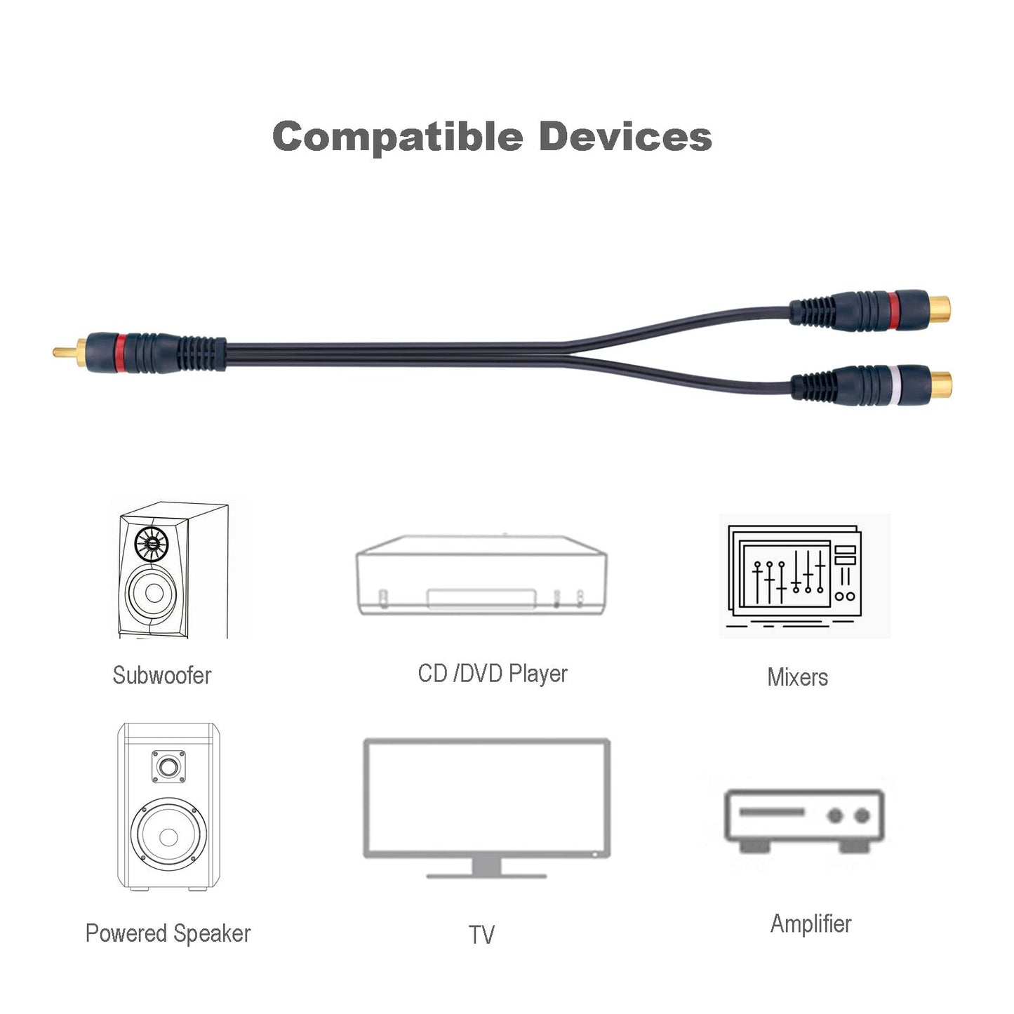 Borsuer RCA Splitter, 2 Pcs RCA 1 Male to 2 Female Audio Cord Speaker Y Adapter Splitter Cable, 8.5 Inches Gold Plated Dual Female Adapter