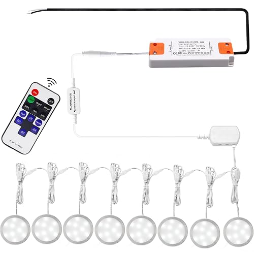 AIBOO Linkable Under Cabinet LED Lighting 12V Dimmable Puck Lights Hardwired with Wireless RF Remote Control for Kitchen Mood Lighting(8 Lights