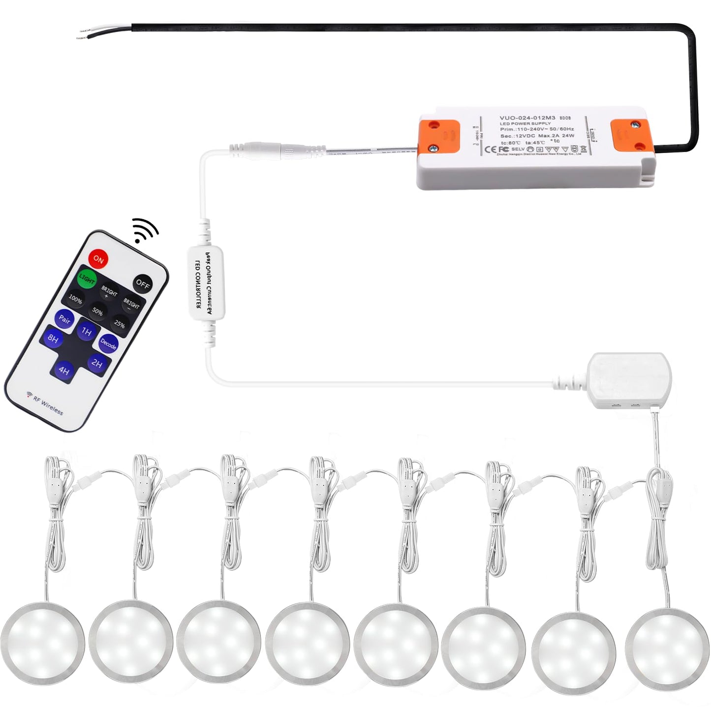 AIBOO Linkable Under Cabinet LED Lighting 12V Dimmable Puck Lights Hardwired with Wireless RF Remote Control for Kitchen Mood Lighting(8 Lights