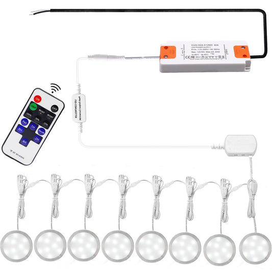 AIBOO Linkable Under Cabinet LED Lighting 12V Dimmable Puck Lights Hardwired with Wireless RF Remote Control for Kitchen Mood Lighting(8 Lights