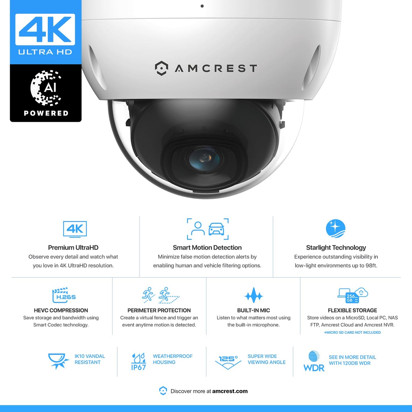 Amcrest 2-Pack UltraHD 4K (8MP) Dome POE IP Camera, 3840x2160, 98ft NightVision, 2.8mm Lens, IP67 Weatherproof, IK10 Vandal Resistance, MicroSD