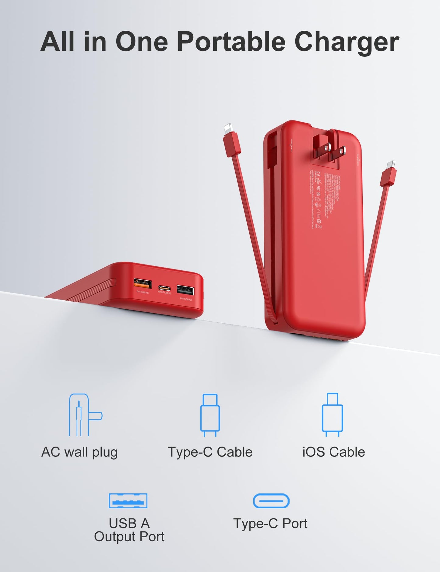 20000mAh Ultra Portable Charger Power Bank with inBuilt Cables&AC Wall Plug