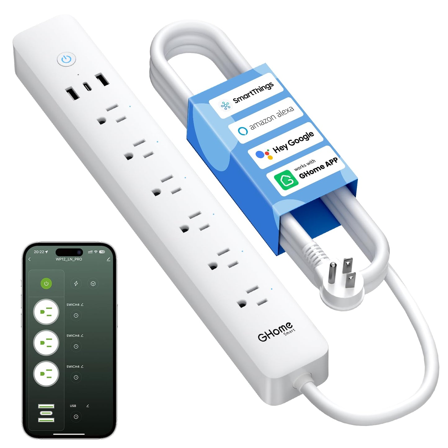 GHome Smart Power Strip, WiFi Surge Protector with 6 Individually Controlled Outlets, 3 USB Ports, Compatible with Alexa & Google Home
