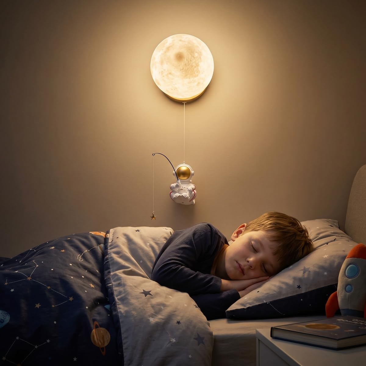 COSYLUX Cute Moon & Astronaut Wall Sconce - Modern Cordless 3D Printed Wall Light for Kids Room, Bedroom, Living Room with Brass Mount | 5.9" Moon