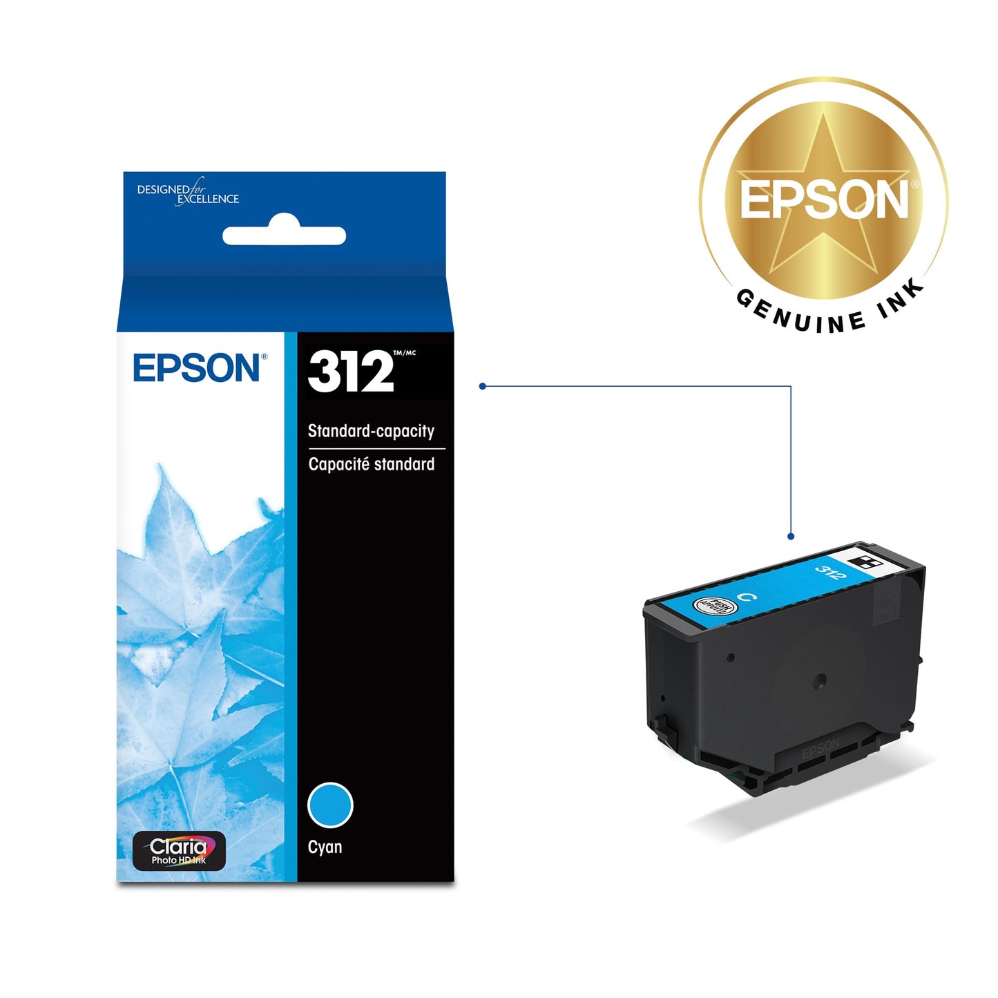 EPSON 312 Claria Photo HD Ink Standard Capacity Cyan Cartridge (T312220-S) Works with Expression XP-8500, 8600, 8700, 15000