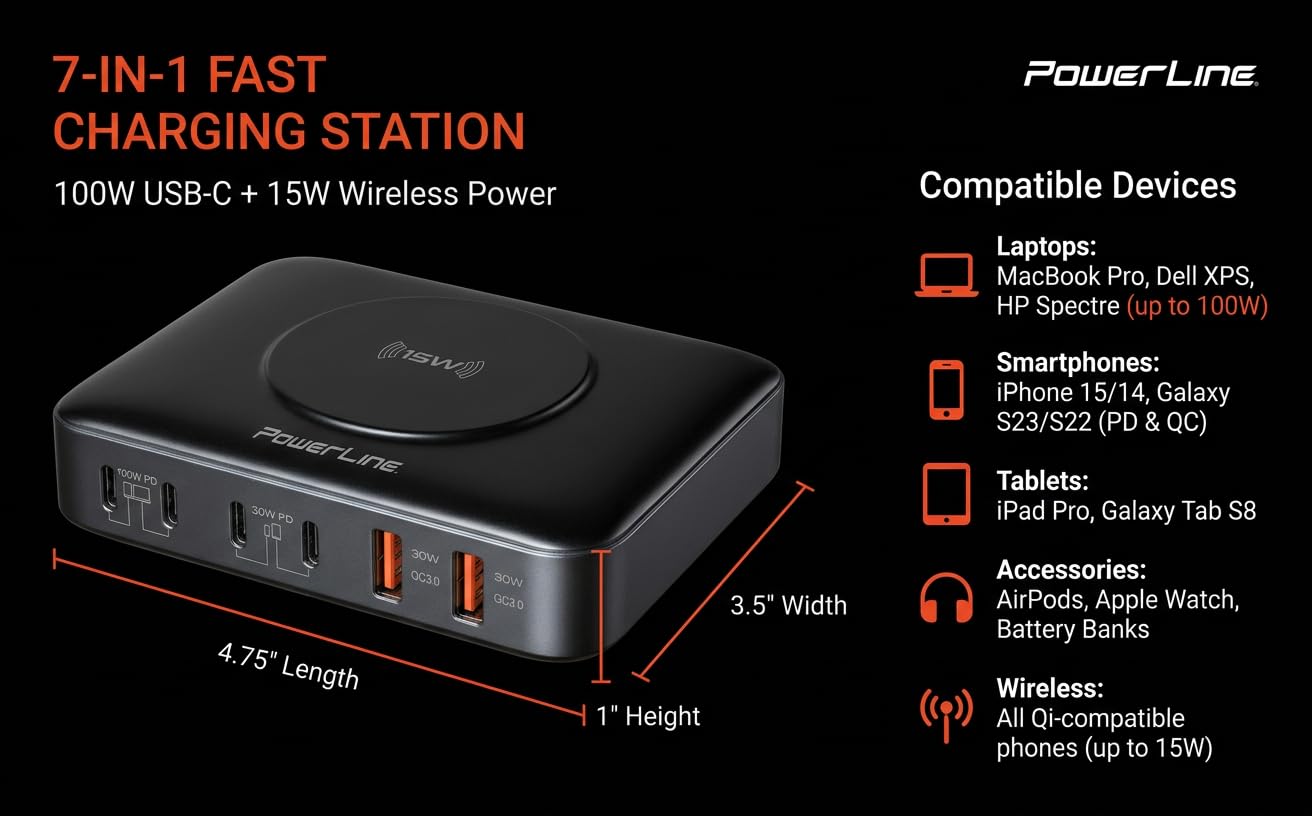 PowerLine 100W, 7-Port (4X USB C, 2X USB A, Wireless Charging pad) Desktop Charging Station (PD3 Fast Charging, GaN Tech) for MacBook, Laptop