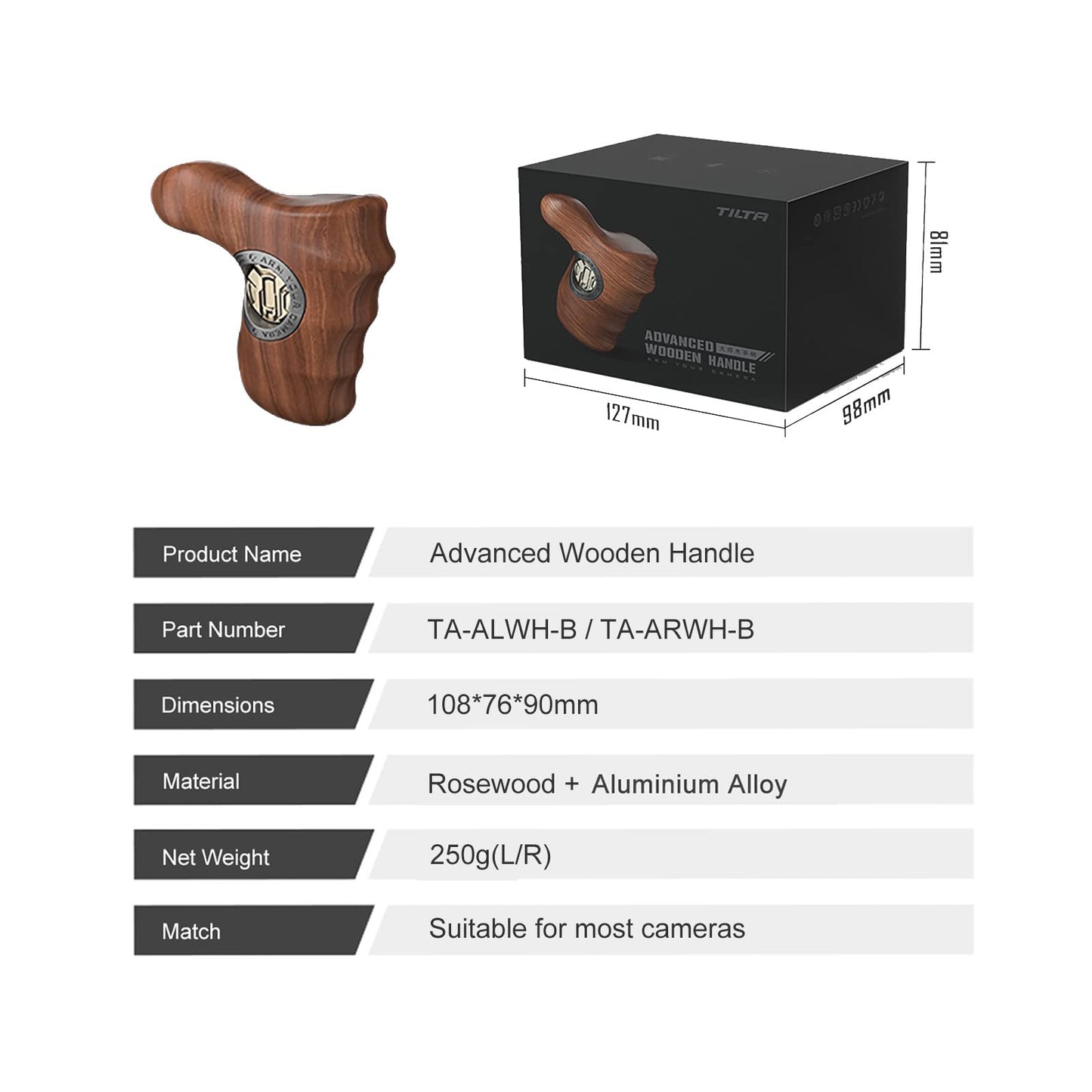 Tilta Advanced Left Side Wooden Handle (ARRI Rosette - Type X) | Black Walnut Wood & Aluminum Alloy Build | Quick Release Button