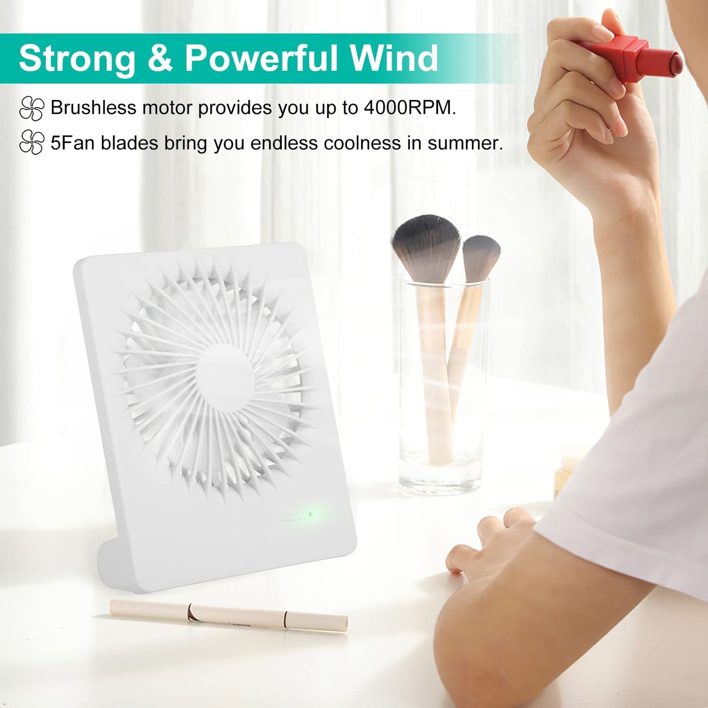 KOCASO 3 Speed Office Air Circulator Fan, 6.58in Desk Fan with 5 Blades, USB Rechargeable Fan, White