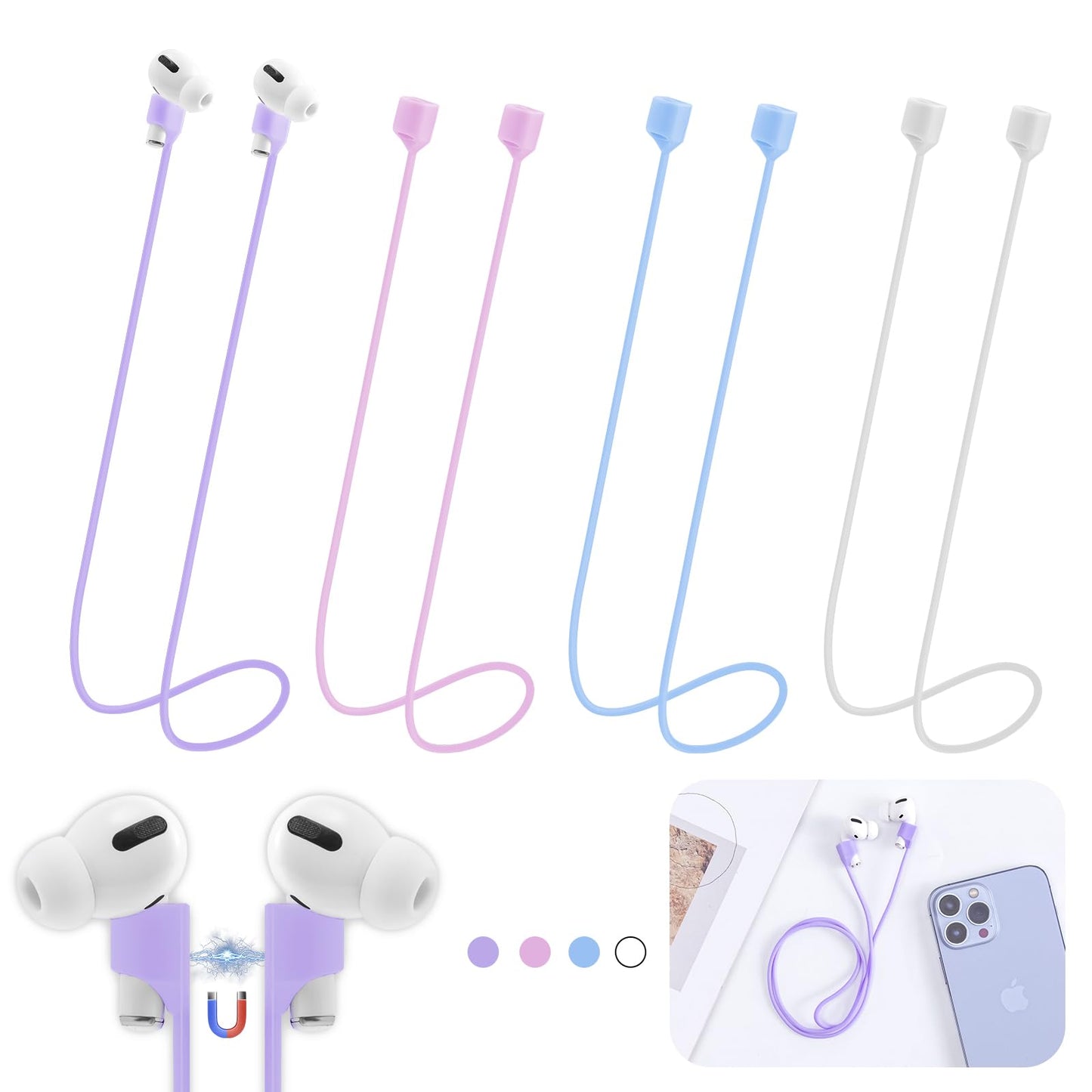 Magnetic Anti-Lost Straps for AirPods,4 Pack Ultra Strong Magnetic AirPods Strap Anti-Lost Neck Rope Cord,Soft Silicone Sports Lanyard Compatible