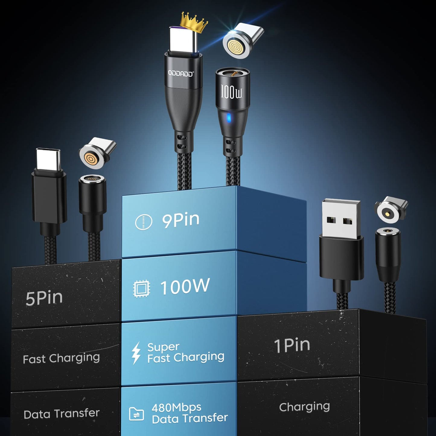 ODDADD 100W USB C Magnetic Charging Cable 2pack(3.3ft+6ft), 6 in 1 Magnetic Fast Charging Cable, Magnetic USB C Charging Cable Compatible with Micro