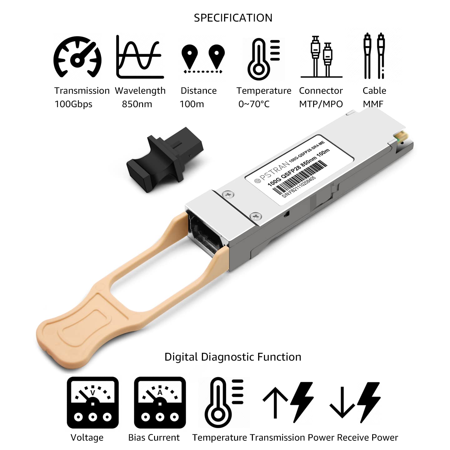 OPSTRAN 100GBASE-SR4 QSFP28 Optical Transceiver Module Compatible with Mellanox MMA1B00-C100D 100G QSFP28 SR4 850nm 100m DDM MPO-12/UPC MMF