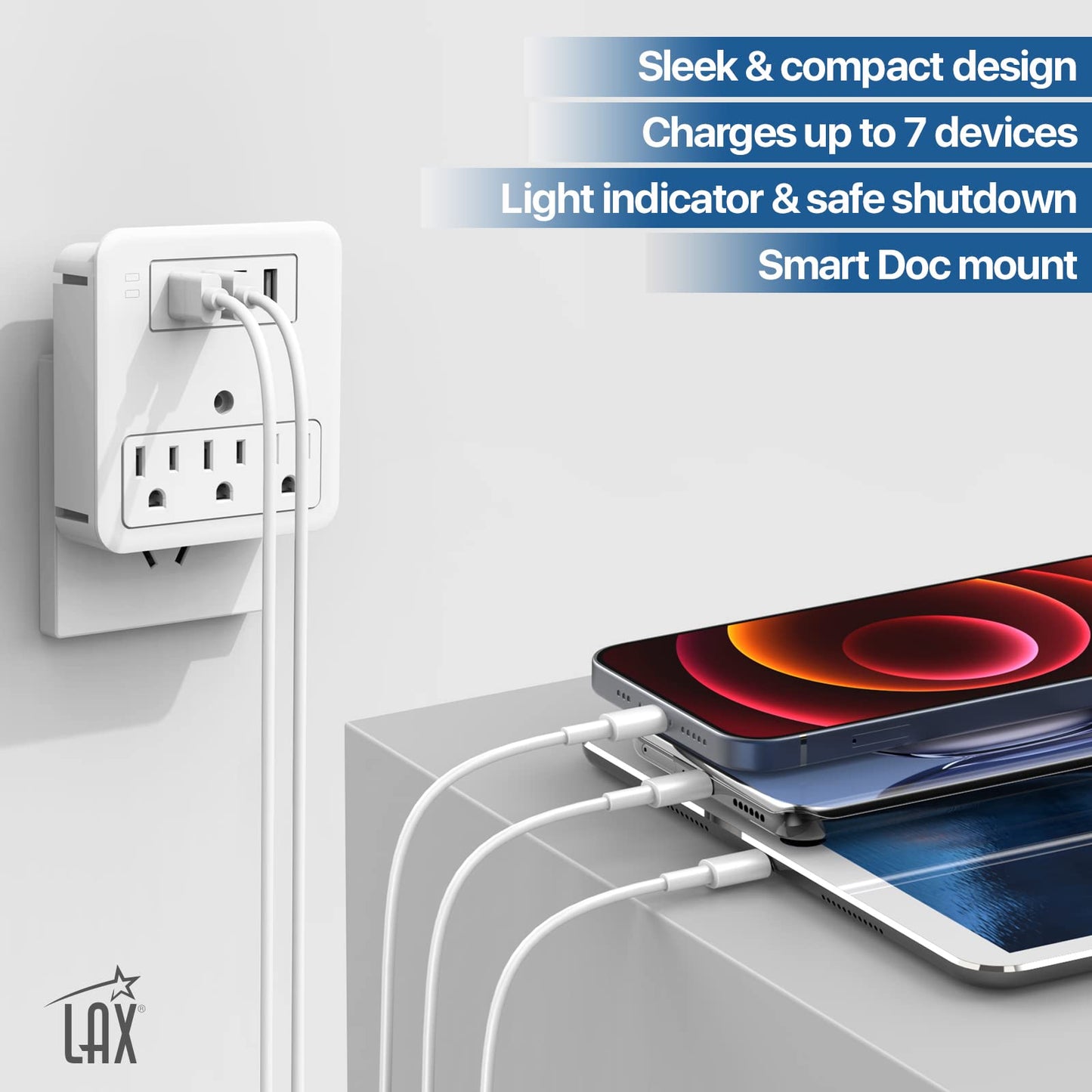LAX Gadgets Multi-Plug Outlet Extender with Reliable Surge Protector Circuit - Suitable for Home, Office, & School Usage | 3 Wall Outlets and 4 USB