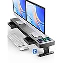 meatanty Dual Monitor Stand with 4 Adjustable Heights, Auto Phone Charging Pad, 4 USB Ports, Computer Riser with Drawers Storage, Metal Double Desk