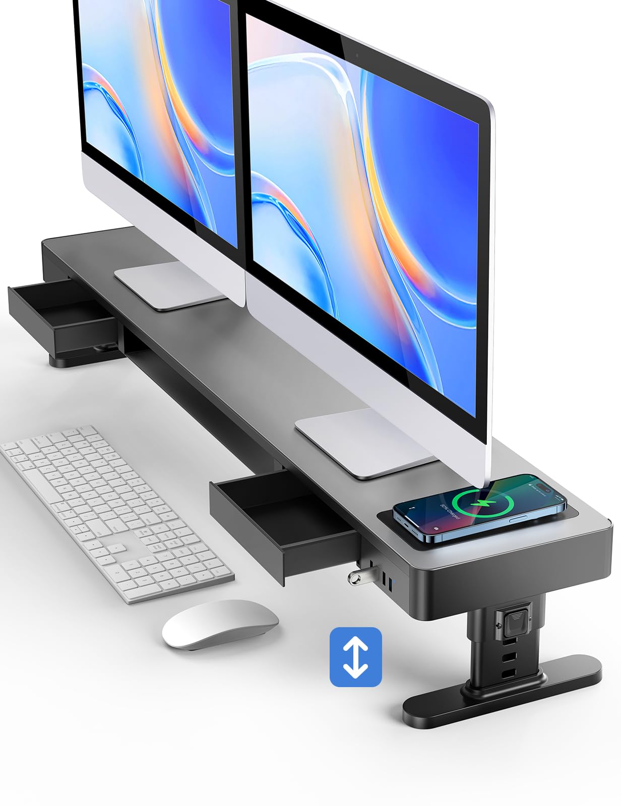 meatanty Dual Monitor Stand with 4 Adjustable Heights, Auto Phone Charging Pad, 4 USB Ports, Computer Riser with Drawers Storage, Metal Double Desk