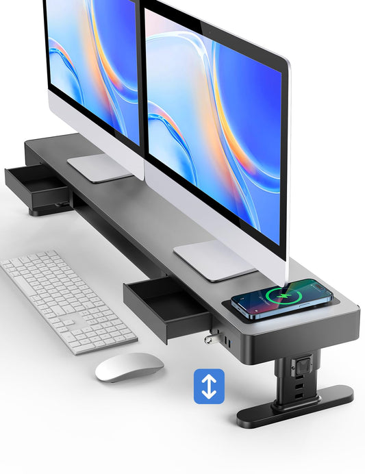 meatanty Dual Monitor Stand with 4 Adjustable Heights, Auto Phone Charging Pad, 4 USB Ports, Computer Riser with Drawers Storage, Metal Double Desk