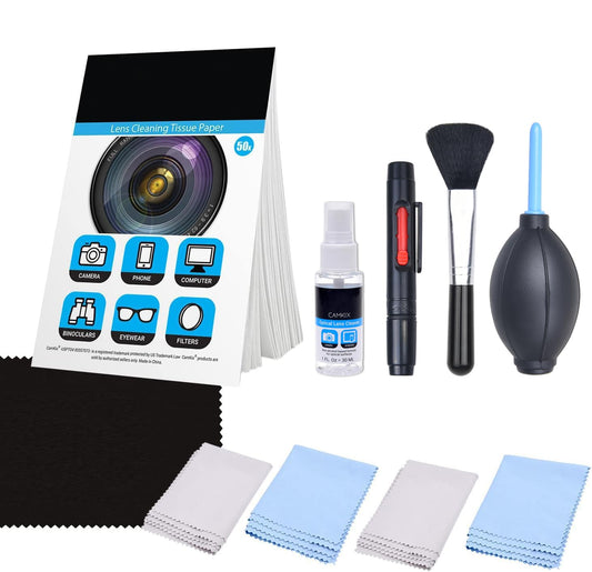 Camkix Camera Lens Cleaning Kit - Air Blower, 2in1 Lens Cleaning Pen, Cleaning Brush, Spray Bottle w/Cleaning Solution, Lens Cleaning Paper Tissue (50